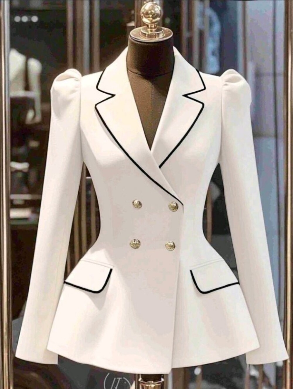 Elegant,Semi Formal Women's Blazer Jacket,Black And White Contrast Trim Double